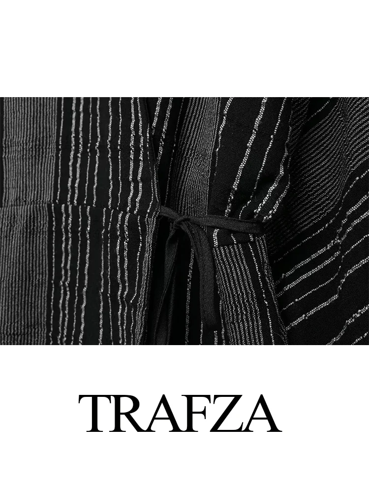 TRAFZA Women\'s Fashion Striped Embroidered 2-Piece Set Mid-Length V-Neck Shirt Jacket+Black Striped Straight Ankle Length  Skirt