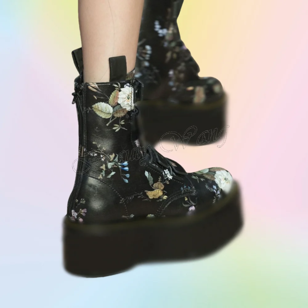 

Black Mixed Color Toe Ankle Boots Cross Tied Shoes Wedges Heel Round Toe High Heel Shoes for Women 2025 Zapatos Para Mujere