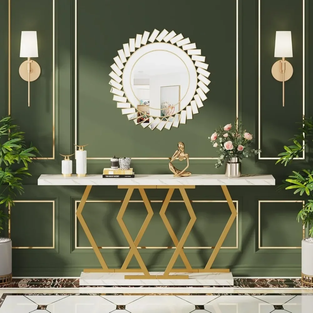 

70.9 Inch Extra Long Sofa Table White and Gold Console Table with Faux Marble Tabletop,Modern Long Entryway Table Gold Frame