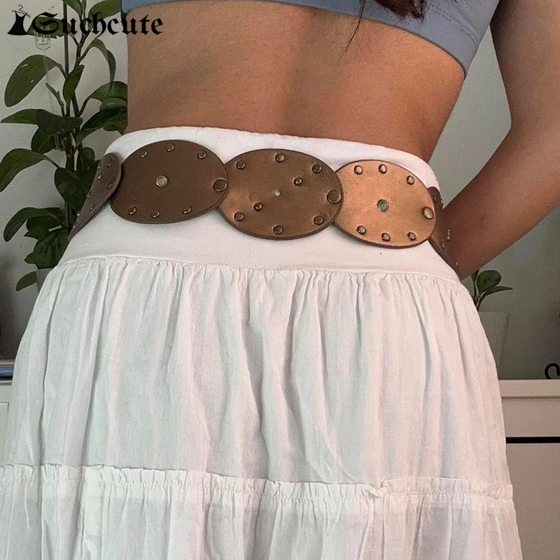 SUCHCUTE Rivet Rhinestone Stitch Boho Vintage Brown Belts for Women PU Leather Y2K Style Accessories Summer Skirt's Female Belt