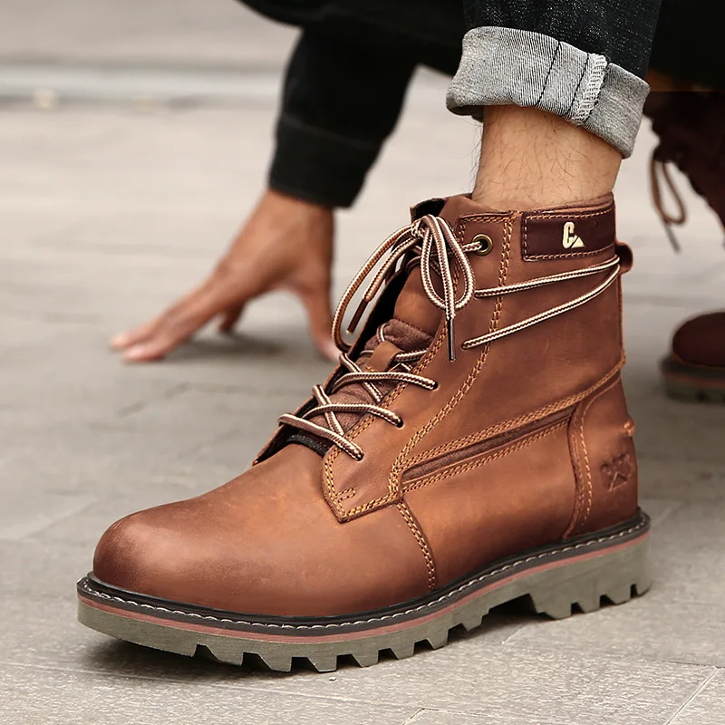

Fashion Cow Leather Boots Men Lace Up Ankle Boots Platform Shoes Autumn Winter Man Working Shoes Outdoor Vintage Boots for Men