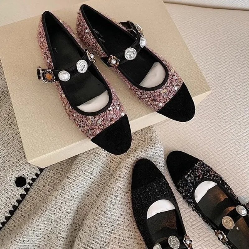 

Women Mary Jane Shoes Round Toe Low Heel Metal Decorative Buckle Gentle Elegant Tweed Women Office Single Shoes Comfortable