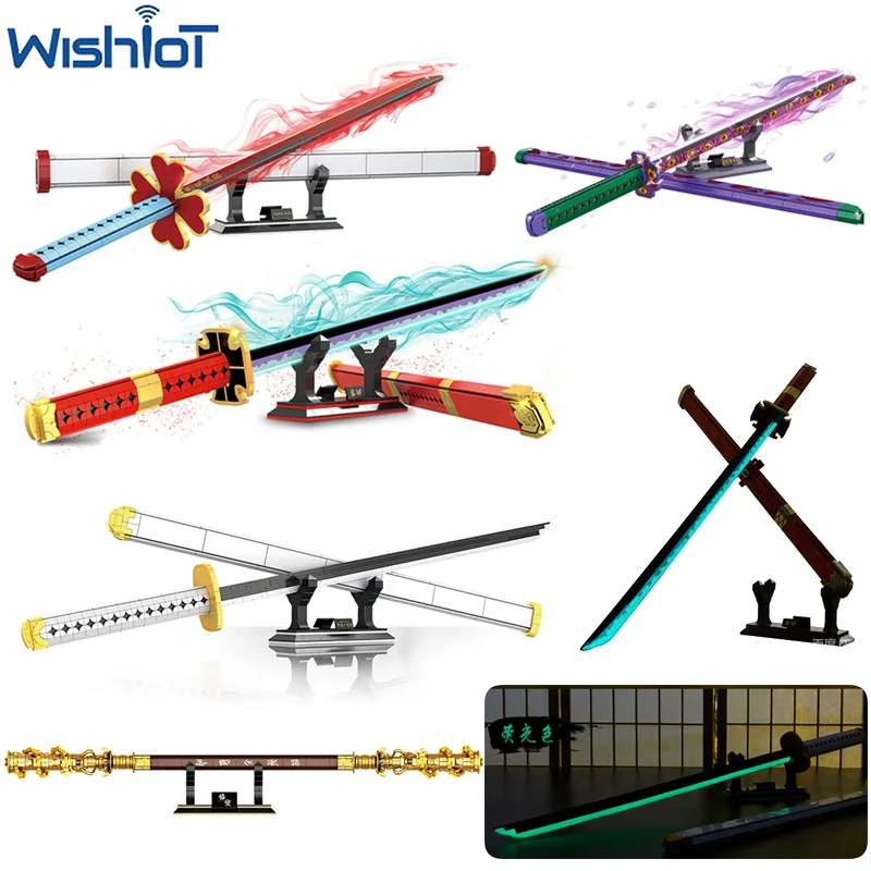 MOC – jeu de dessin animé épée de samouraï, blocs de construction, série de films animés, ornement assemblé pour garçons, petites briques, jouets, accessoires