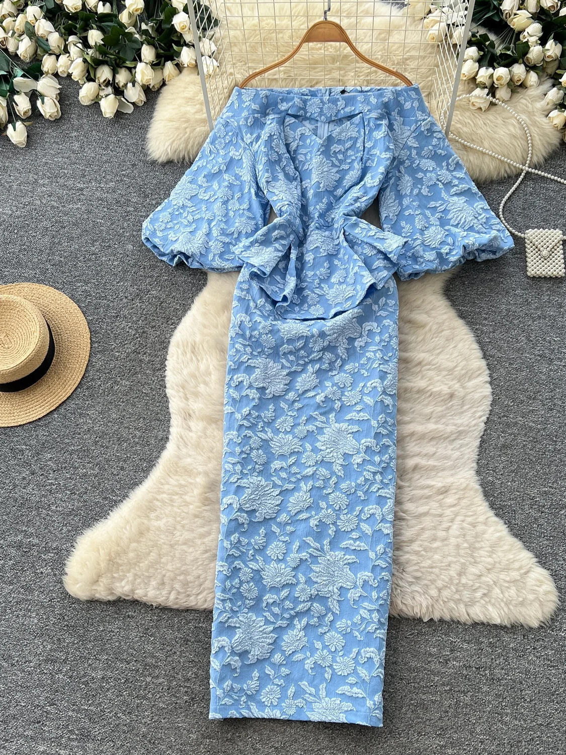 Elegant Blue Lace A-Line Dress Women's High Waist Commute Dress Formal Gown Korean Style Slim Fit Long Dress Polyester Fiber