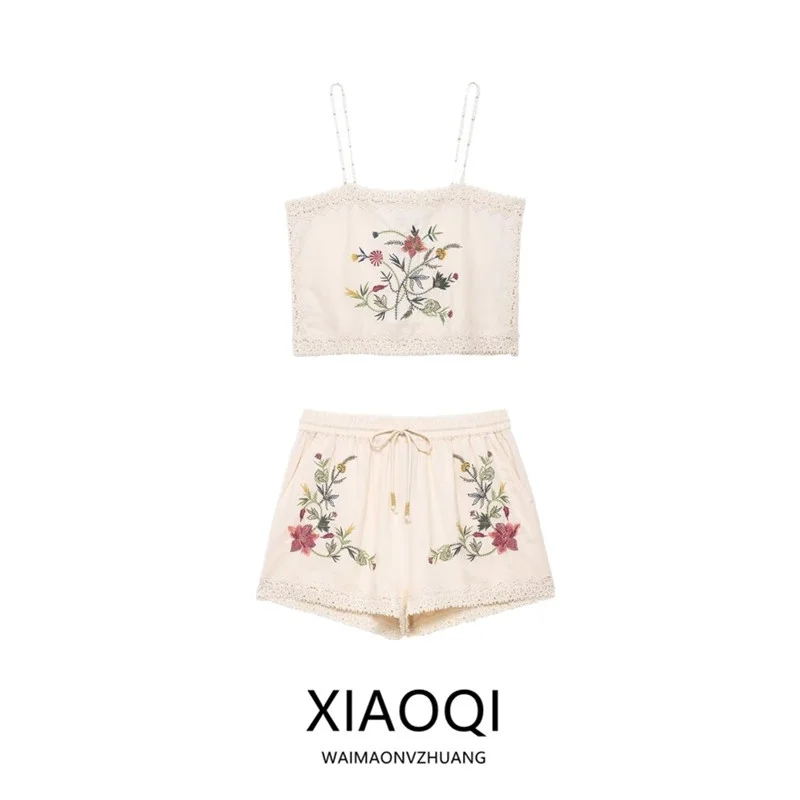 Nuevo Conjunto de Dos Piezas de Verano 2025 para Mujer: Top de Manga Corta con Cuello Redondo y Bordado de Flores y orts de...