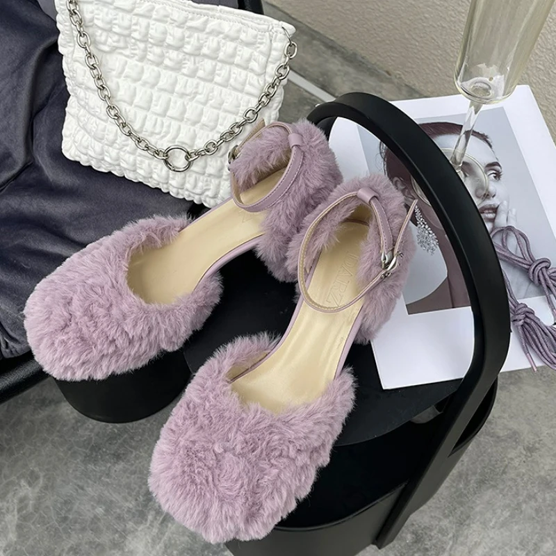 Stylish Sandals 2023 New In Fashion Sexy Shoes Woman Furry Chunky Heel Party Sandals Weeding Shoes Bride Pumps Designer Heels