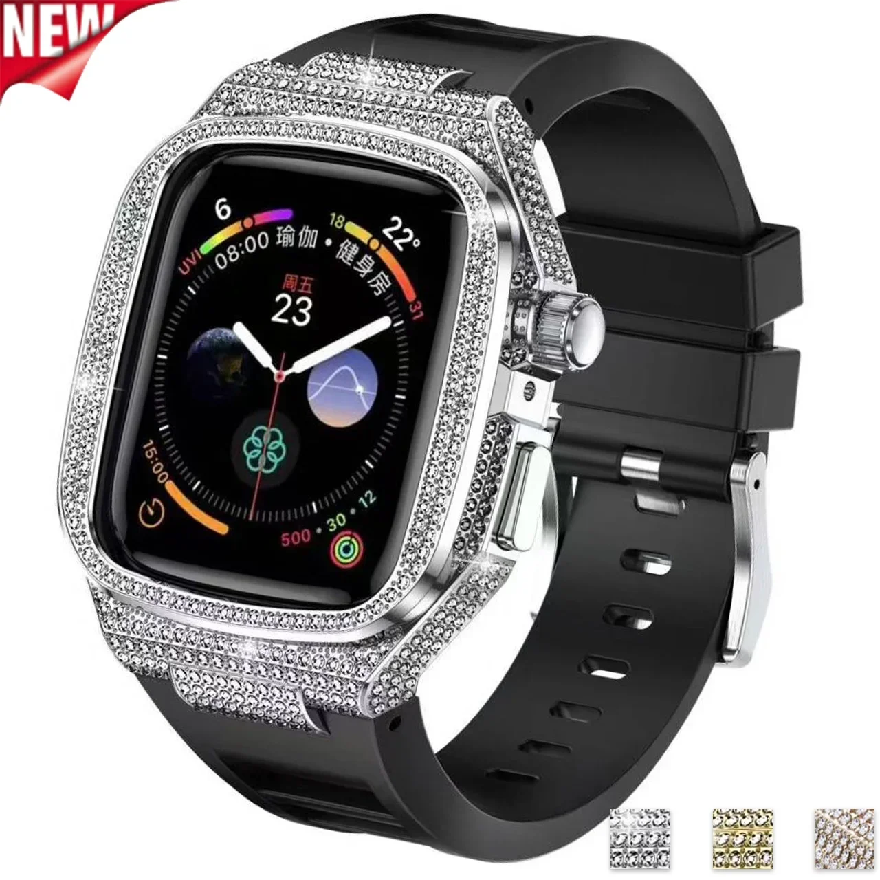 Diamond Case for Apple Watch Band 10 9 8 7 65 46mm SE 44 Stainless Steel Case Modification Kit Rubber Strap for IWatch 45mm 44mm