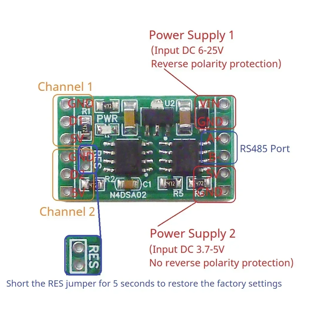 

2CH RS485 Digital Temperature Collector DS18B20 Sensor DC 5V 12V 24V Modbus Analog Input IO for Thermostat Smart Home R46CA01