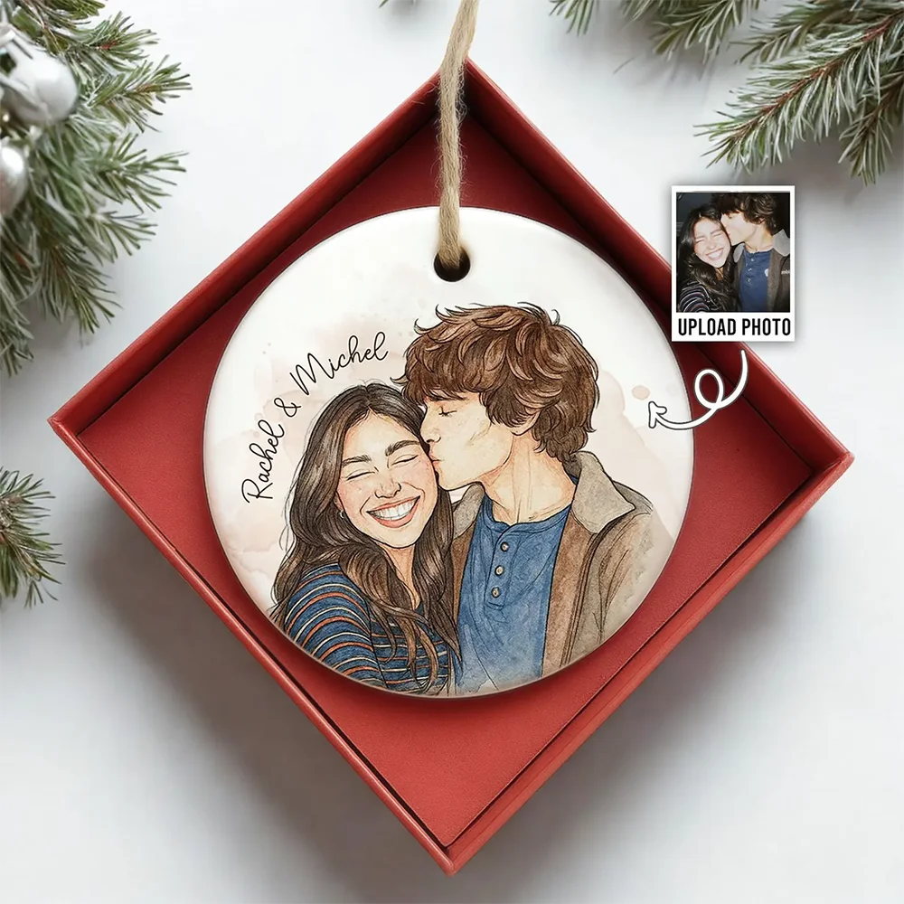 Personalisierter runder Keramik-Anhänger mit Foto, personalisiertes Aquarell-Keramik-Ornament, Valentinstagsgeschenk 2026, Familienporträt, Paargeschenk
