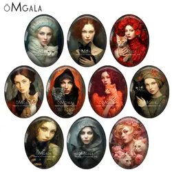 Beautiful Lady with Cat Oil Paintings 13x18mm/18x25mm/30x40mm Oval photo glass cabochon demo flat back Making findings
