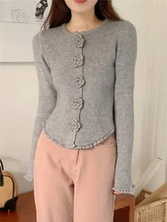 Korea Elegant Roses Sweaters Women Slim-Fit Chic Knitted Sweet Full Sleeve Autumn Daily Gentle Office Lady Winter Tops Pullover