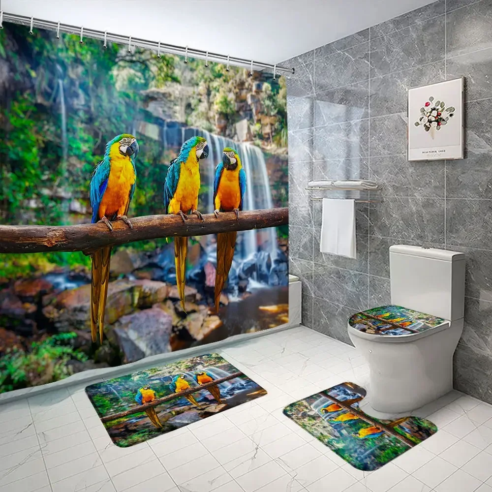 Beautiful Parrot Shower Curtain and Rug Bathroom Set Landscape Home Polyester Washable Hanging Curtain Shower Mat Bathroom Decor