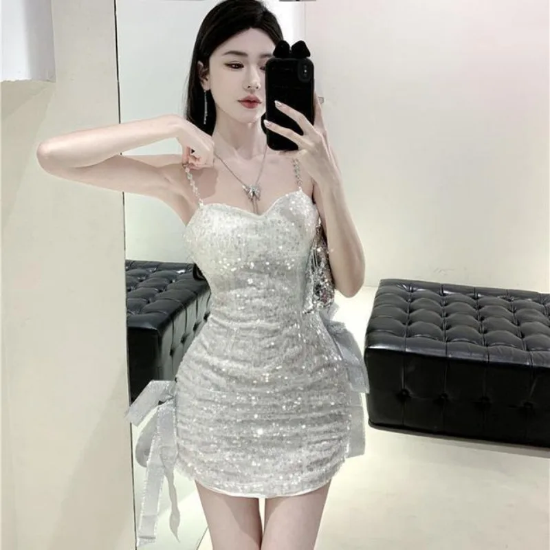 Sweet Temperament Sequin Sling Dress Lady Ribbon Lace Up Collarbone Sleeveless French Slim Spicy Chic Summer Birthday Party Wear