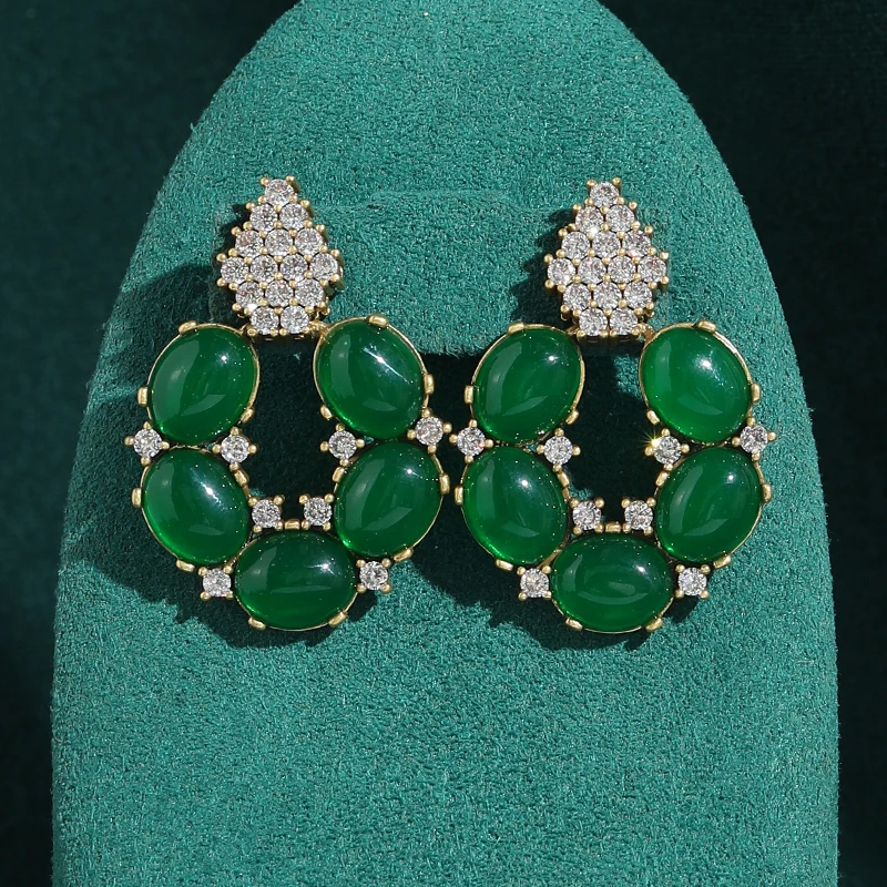 

Large Green Glazed Stud Earrings Vintage Female Natural Stone Inlay Jewelry Antique Gold Plated Luxury Anniversary Souvenir 2026