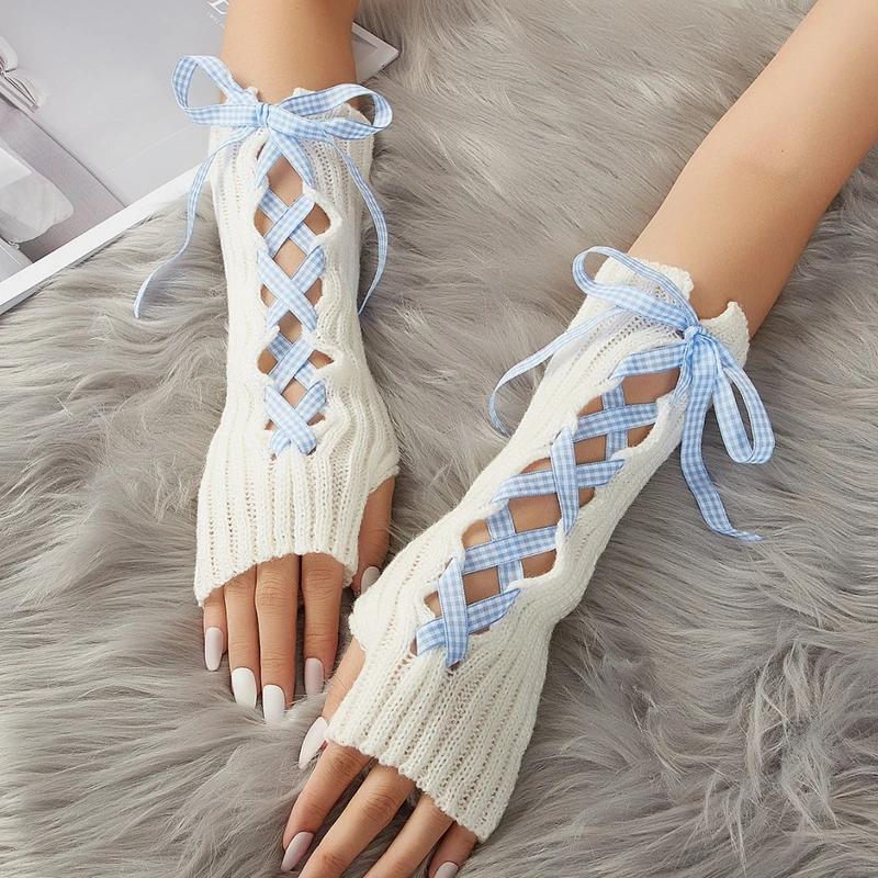 

Ribbon Bow Long Tube Fingerless Gloves Winter Warm Knitted Arm Sleeves For Teen Girls Daily Wear