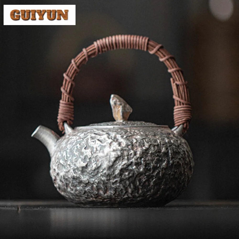 

360ml Handmade 999 Sterling Silver Gilded Teapot Hammer Lifting Beam Pot Boiling Water Health Preserving Kettle Kung Fu Teaset