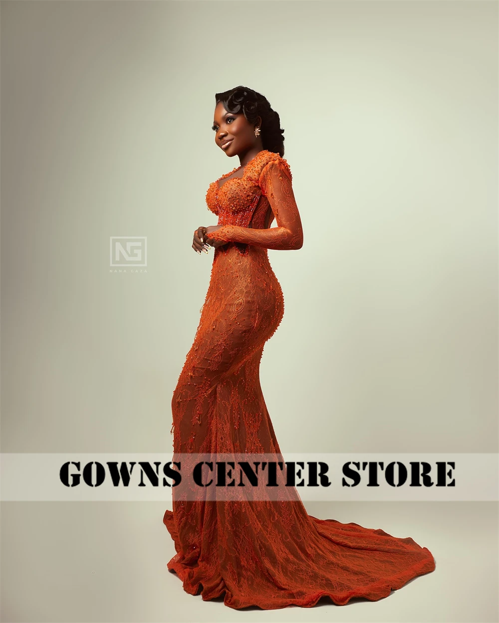 African Orange Lace Aso Ebi Evening Dresses Long Sleeves Backless Beaded Rhinestones Lace-up Mermaid Wedding Party Prom Dress