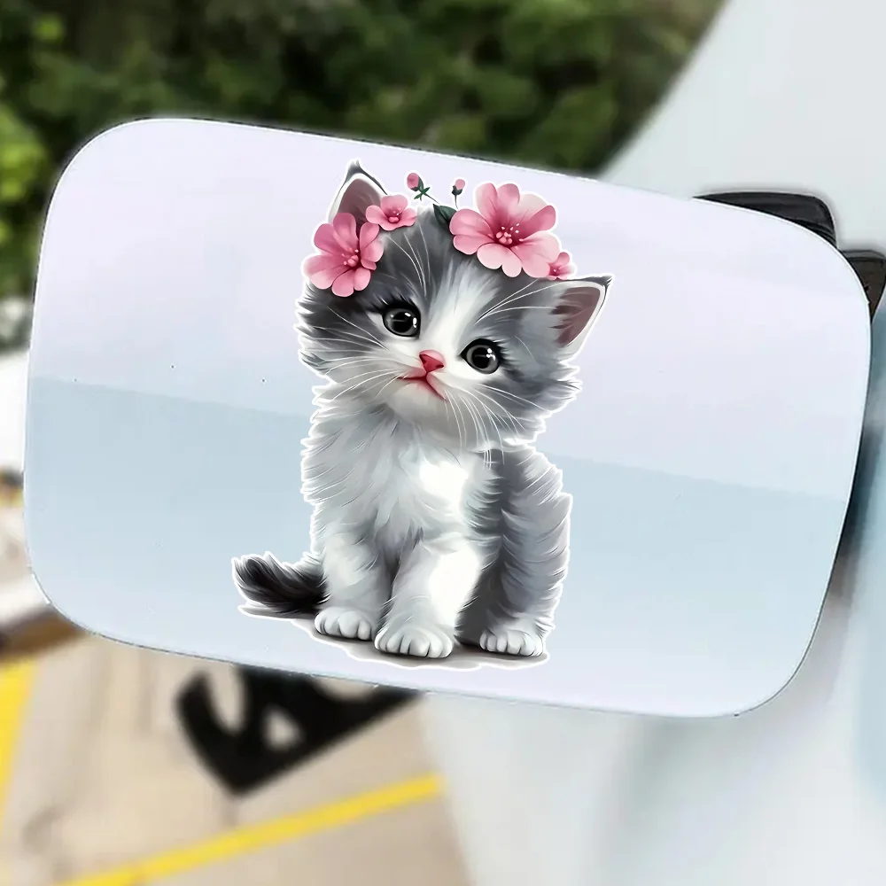 9x13cm 花と愛らしい子猫の車のステッカー、傷つきにくいオートバイやバンパーの装飾ステッカー、車に適しています。