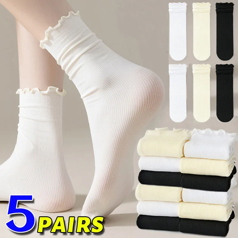 

Cool Ice Silk Middle Tube Socks Ultra-thin Summer Ins Harajuku Simple Solid Color Ruffles Socks Soft Breathable Women's Hosiery