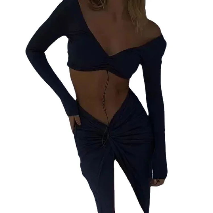 Europeu e americano feminino verão novo sexy magro decote em v cordão umbigo exposto vestido com saia de fenda alta conjunto de duas peças