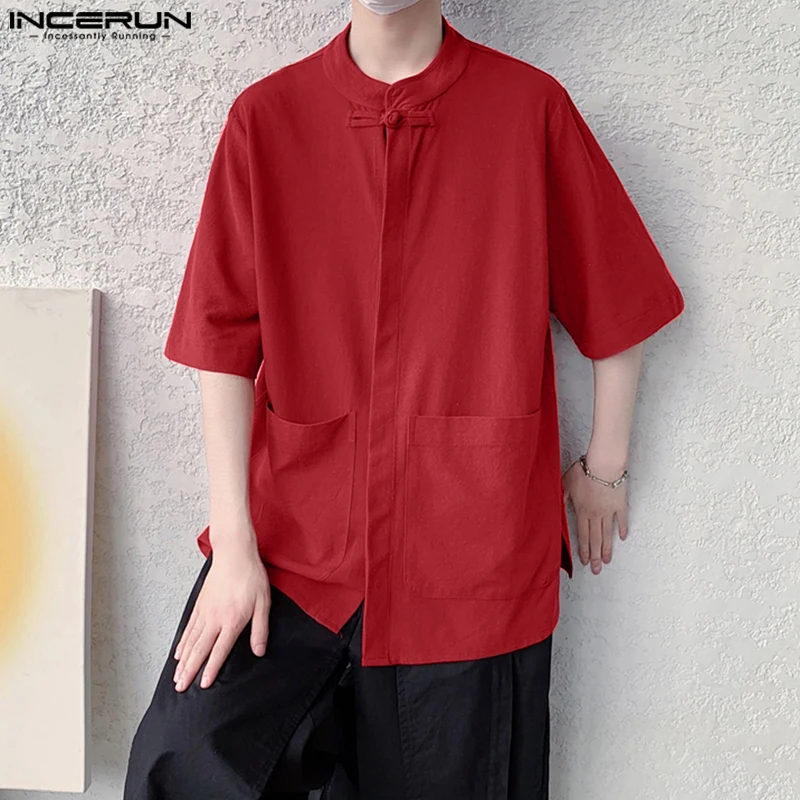 

INCERUN Мужская рубашка, однотонная, с воротником-стойкой, с коротким рукавом, винтажная повседневная мужская одежда, уличная одежда, 2025 г., мужские рубашки в стиле ретро для отдыха