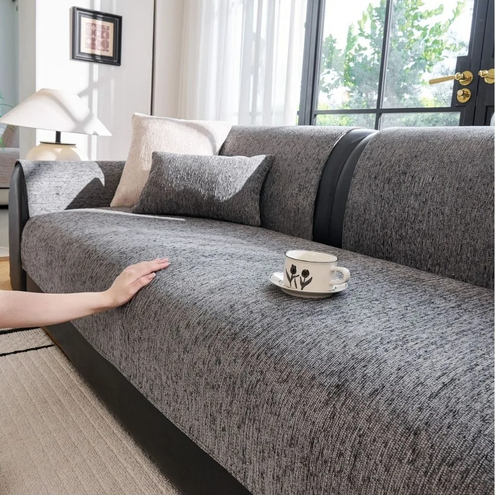 Luxury Chenille Sofa Cover Cushions Anti-Slip Straight Sofa Throw Blanket, Fixed Non-Slip Seat Cushion Protector for Living Room