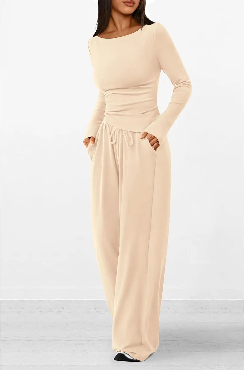 2025 الخريف ملابس رياضية مجموعة عادية غير المتماثلة طويلة الأكمام تي شيرت بنطال ذو قصة أرجل واسعة 2 قطعة مجموعة للمرأة #6