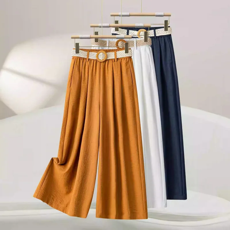 بنطال برتقالي مريح واسع الساق للنساء، سروال صيفي رفيع عالي الخصر للتخسيس ثنيات كاجوال مكون من ثماني نقاط مستقيمة #3