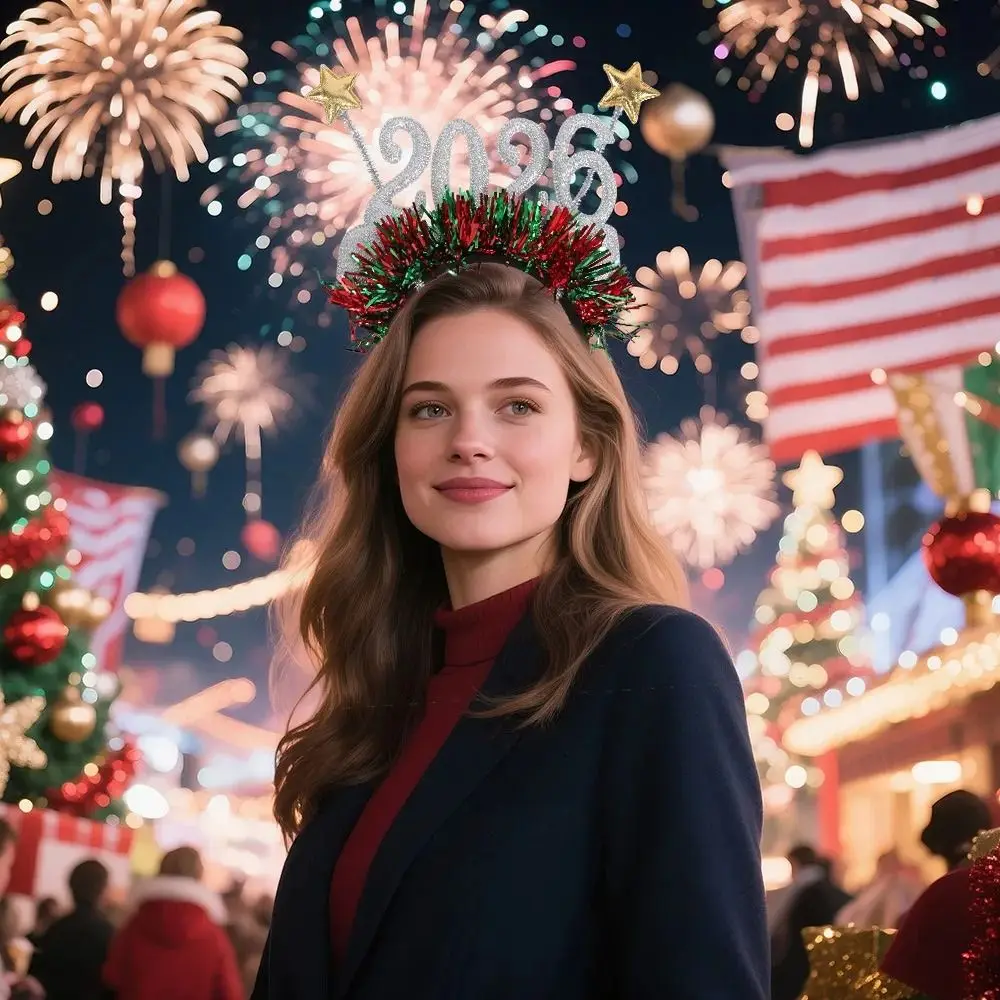 Diadema de feliz año nuevo con lentejuelas 2026, tocado bonito y dulce de Navidad, aro para el pelo con purpurina colorida y creativa, vestido de Año Nuevo