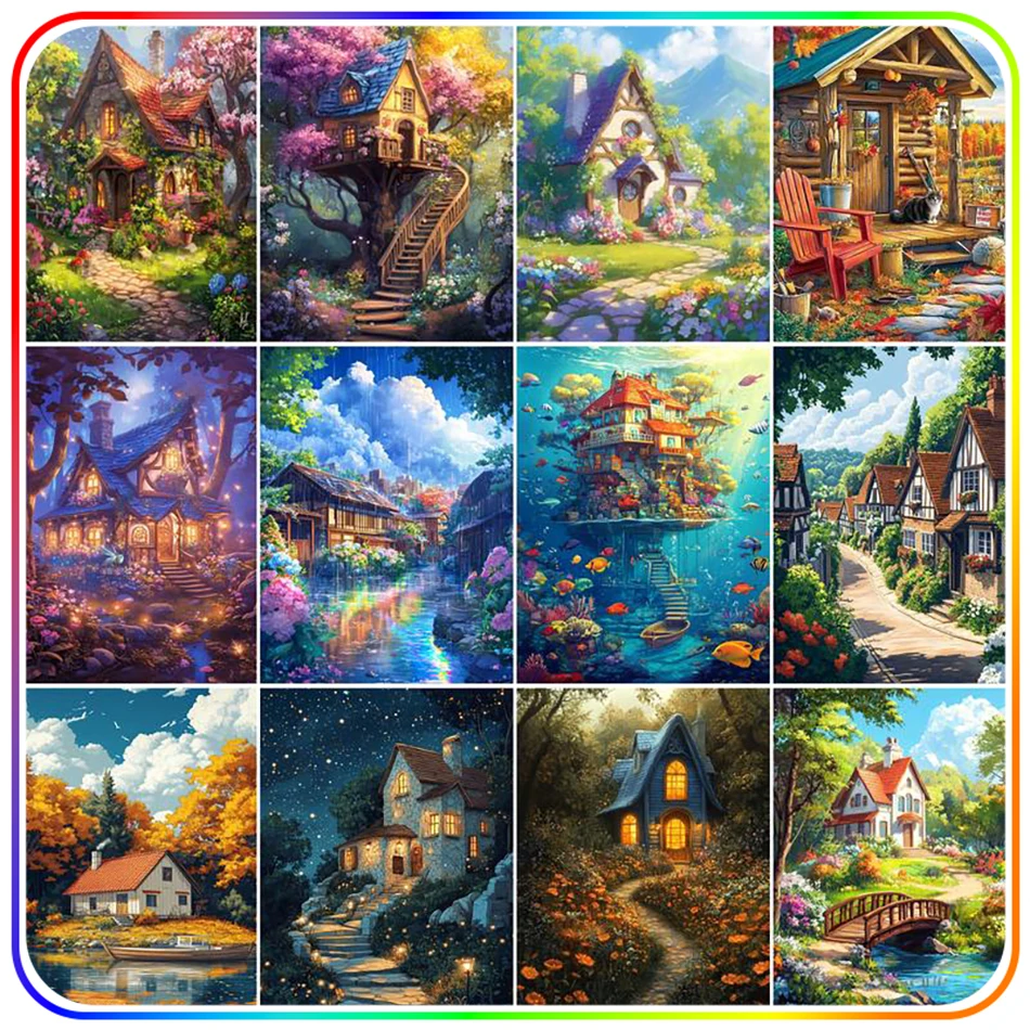 SDOYUNO-Diamond Paint,House Scenery,5D Diamond Painting Pictures,Diamond Mosaic Paintings Set,Needle Arts Craft,Home Decoration