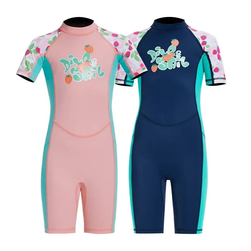 Maillot de bain une pièce à manches courtes pour enfants, séchage rapide, crème solaire, anti-méduse, natation, surf, plongée, trempé, bleu marine, rose