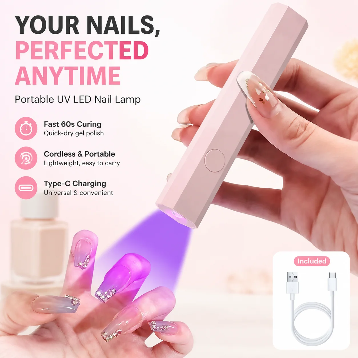 Portable UV LED Nail Lamp, Handheld Cordless Gel Polish Dryer with Type-C Charging, Fast 60s Curing, Mini Manicure Light for