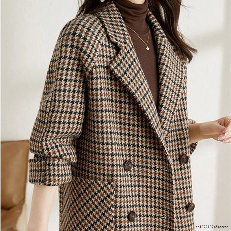 Woolen Coat Vintage Houndstooth Blazer Women Fall Fashion Korean Slim Plaid Suit Loose Luxury Design Double Breasted Jacket