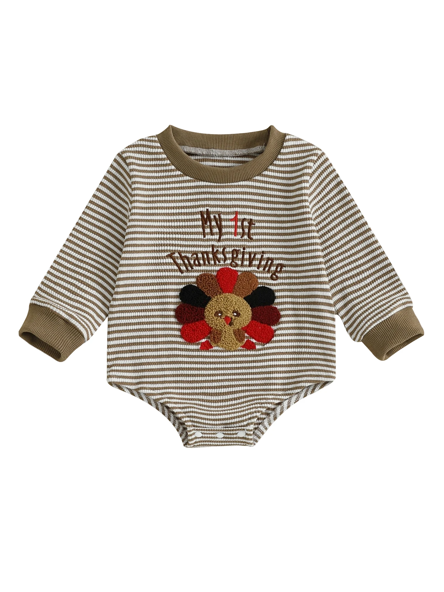 

Thanksgiving Baby Boy Striped Romper with Long Sleeve and Round Neck Featuring Adorable Turkey Embroidery Detail