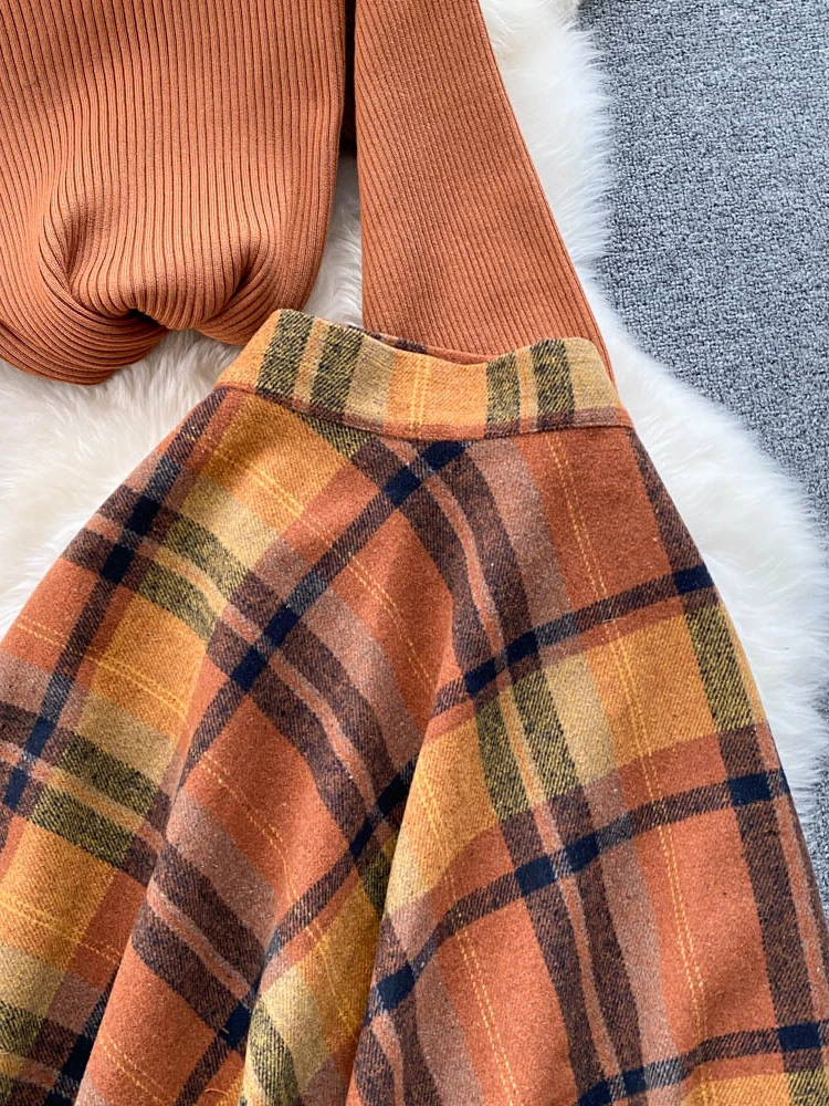 Women Vintage Two Piece Sets Autumn Winter Long Sleeve Pullover Knit Top + High Waist Plaid Long Skirt Orange Elegant Suits