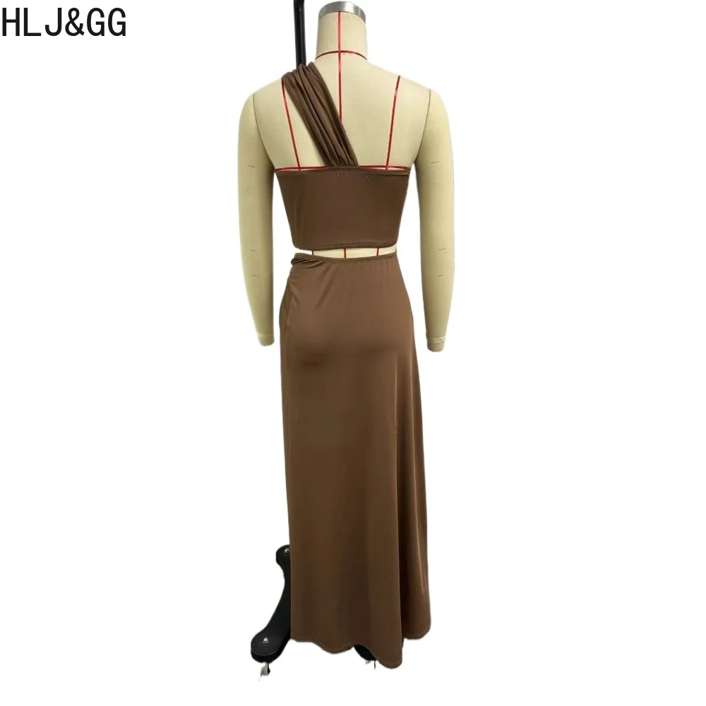 HLJ&GG Brown Sexy Solid Color One Shoulder Crop Top + High Slit Skirts Two Piece Sets Fashion Female Matching Club 2pcs Outfit