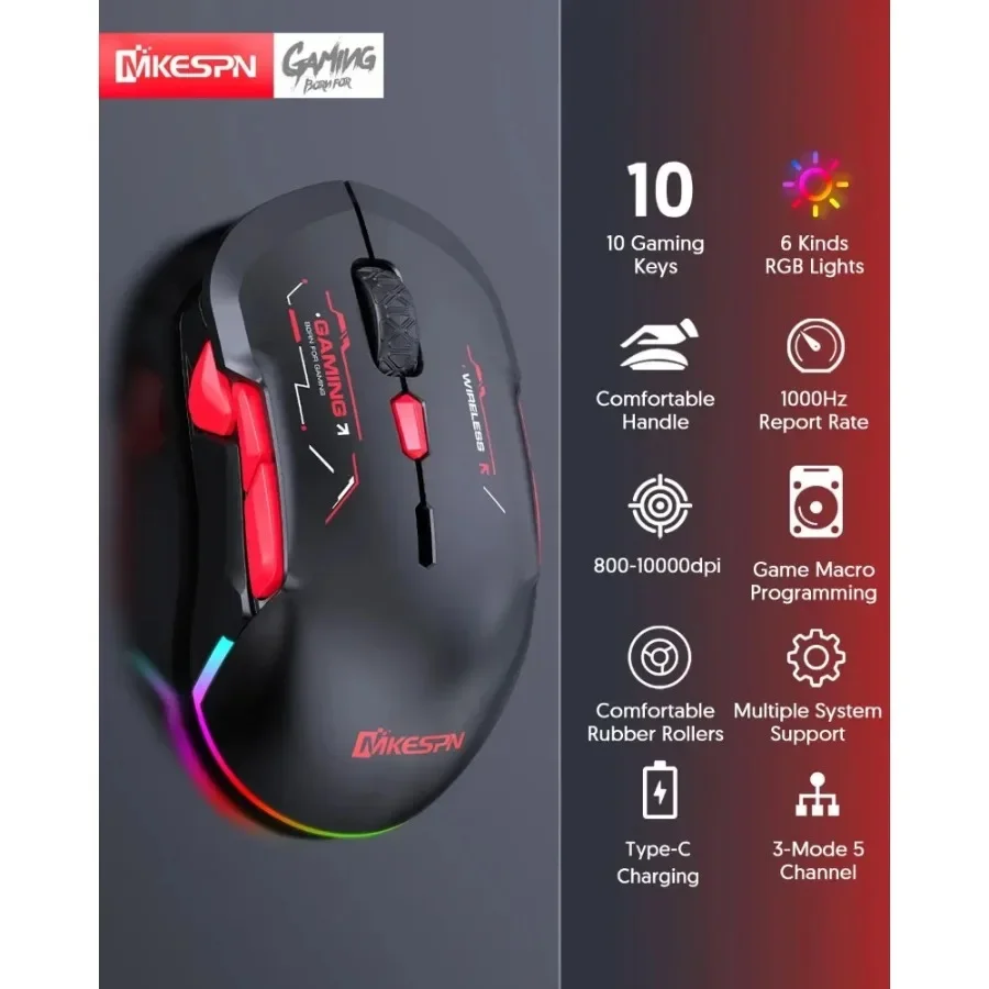 MKESPN W12 10-button Wireless Bluetooth Macro Gaming Mouse Both Hand  Tri-mode Multi-channel Large RGB Ergonomic Ambidextrous