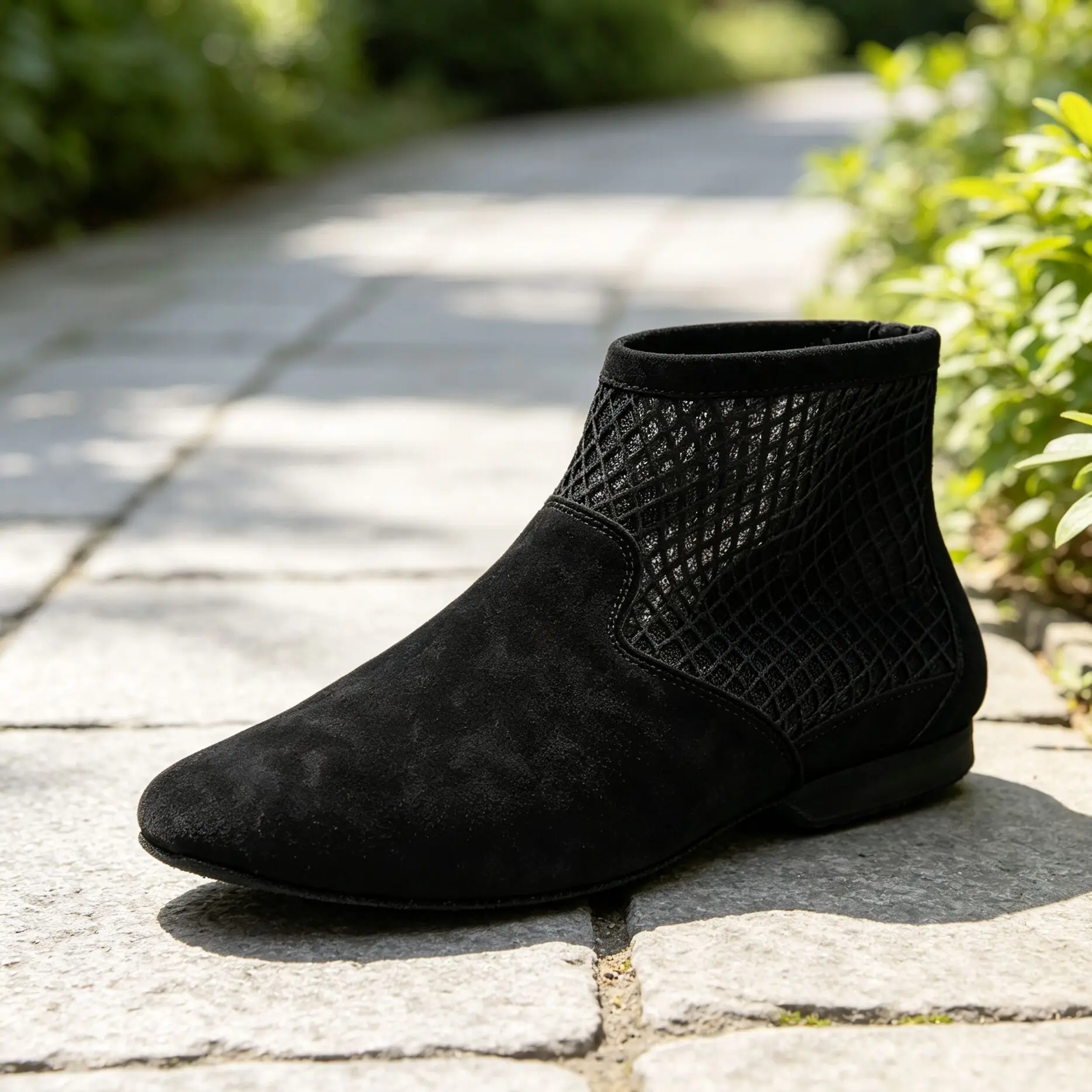 Evkoodance Women Black Suede Mesh Ankle Boots Flat Soft Sole Breathable Hollow Out Casual Latin Salsa Ballroom Dance Footwear