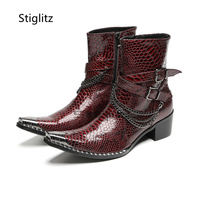 Men's Burgundy Chelsea Chain Boots High Heels Snake Pattern Belt Buckle Ankle Boots Pointed Toe Genuine Leather Business Shoes