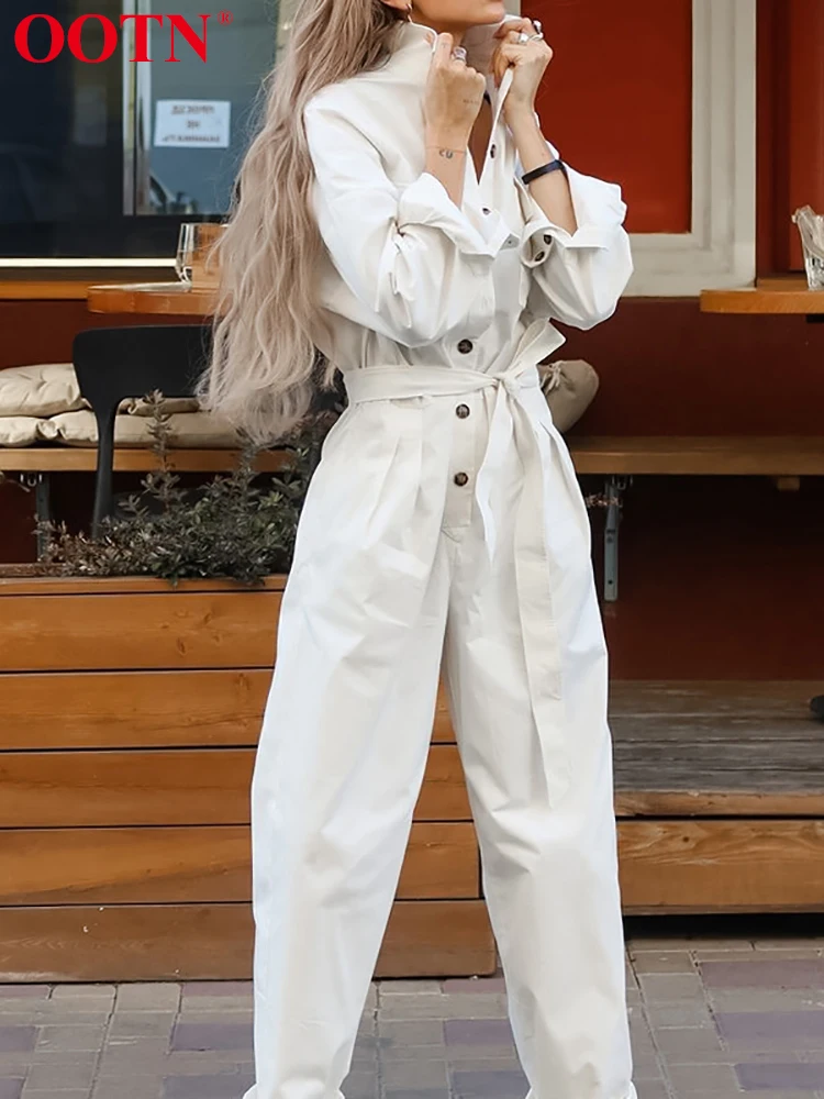 OOTN Fashion Long Jumpsuits Women Loose Long Sleeve Single Breasted Overalls White Pants 2024 Autumn Streetwear Casual Sashes