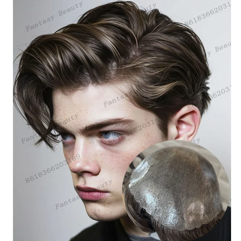 

#5 Ash Brown 6inch Long Undetectable 30mm Wavy Human Hair Male Wigs Natural Hairline Durable Men Injection Skin Base Toupee