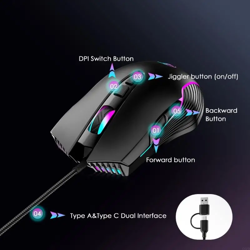 G6DD Computer Mouse with Jiggler Mode USB C A Corded Ergonomic Color Lighting 7200DPI Adjustment For Laptop Desktop Tablets