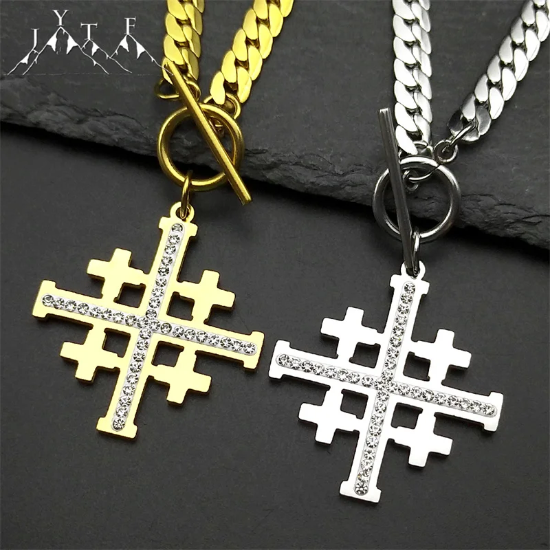 

Jerusalem Crusaders Cross Pendant Necklace for Men Women Stainless Steel Rhinestones Amulet Hip Hop Chain Amulet Jewelry Gift