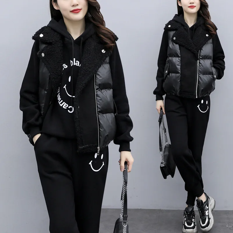 Plus Size 3PCS Winter Women Sport Suit Thick Fleece Loose Jacket+hoodie+pant Running Jogger Fitness Workout Casual Set Tracksuit