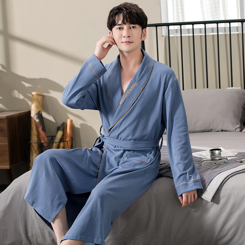 Cotton Bathrobe Men Spring Autumn Sleep Top Kimono Robes For Male Solid Color Robes Long Bath Robe Bride Robe Dressing Gown