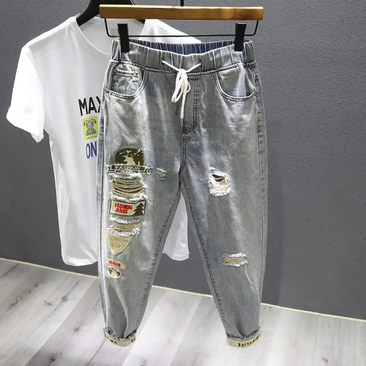 

Pop Casual Loose Fit Spring Autumn Light Blue Denim Jeans For Men Vintage Washed Elastic Waistband Cuffed Ripped Loose Harem