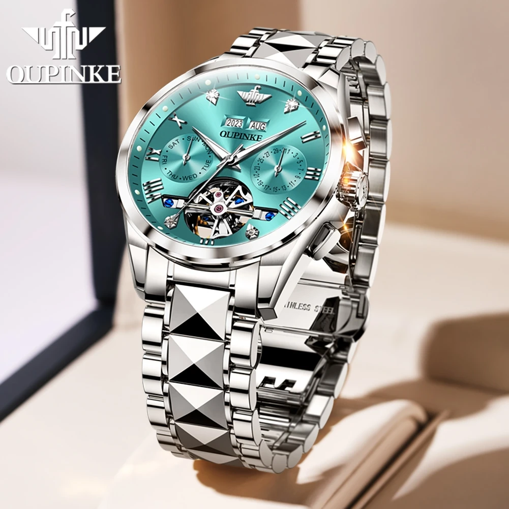 OUPINKE Hollow Tourbillon Men Watch Luxury Brand Automatic Mechanical Watch Waterproof Luminous Chronograph Top Men Watch 3186