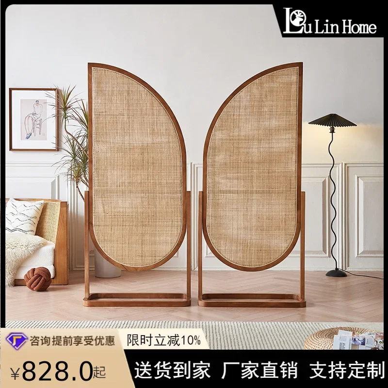 Nordic solid wood screen partition household entrance living room bedroom homestay mobile blocking retro Japanese rattan seat sc