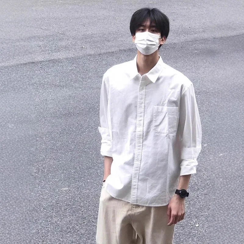 

2026 New Men Thick Cotton Long Sleeve Shirt Loose Casual Solid White Top Formal Business Inner Wear Trendy Daily Blouse