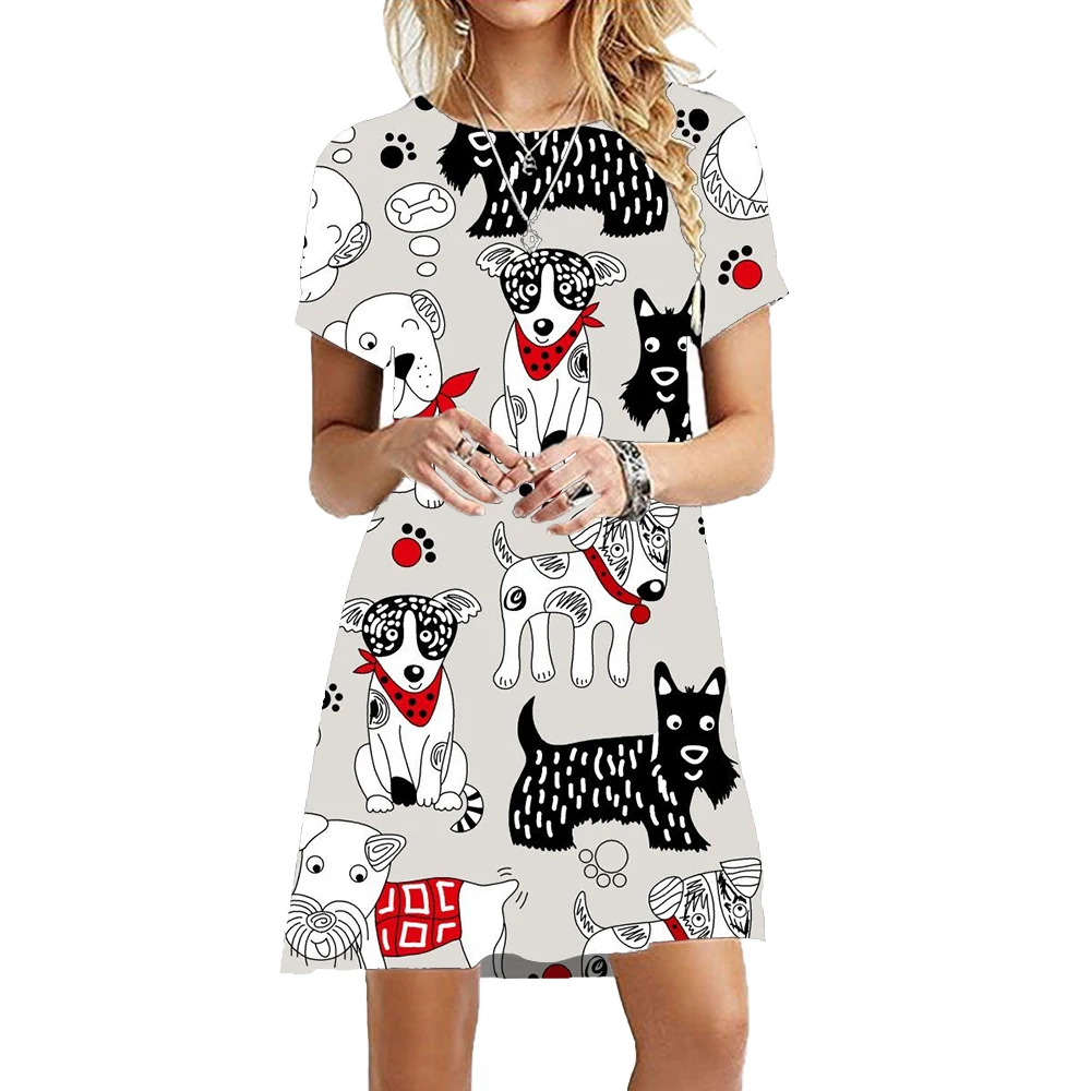 2023 Nieuwe Fashion Grappige Leuke Schilderen Katten Jurk Vrouwen Kawaii Korte Mouw Casual Jurk Oversized Zomer Dames Losse Kleding